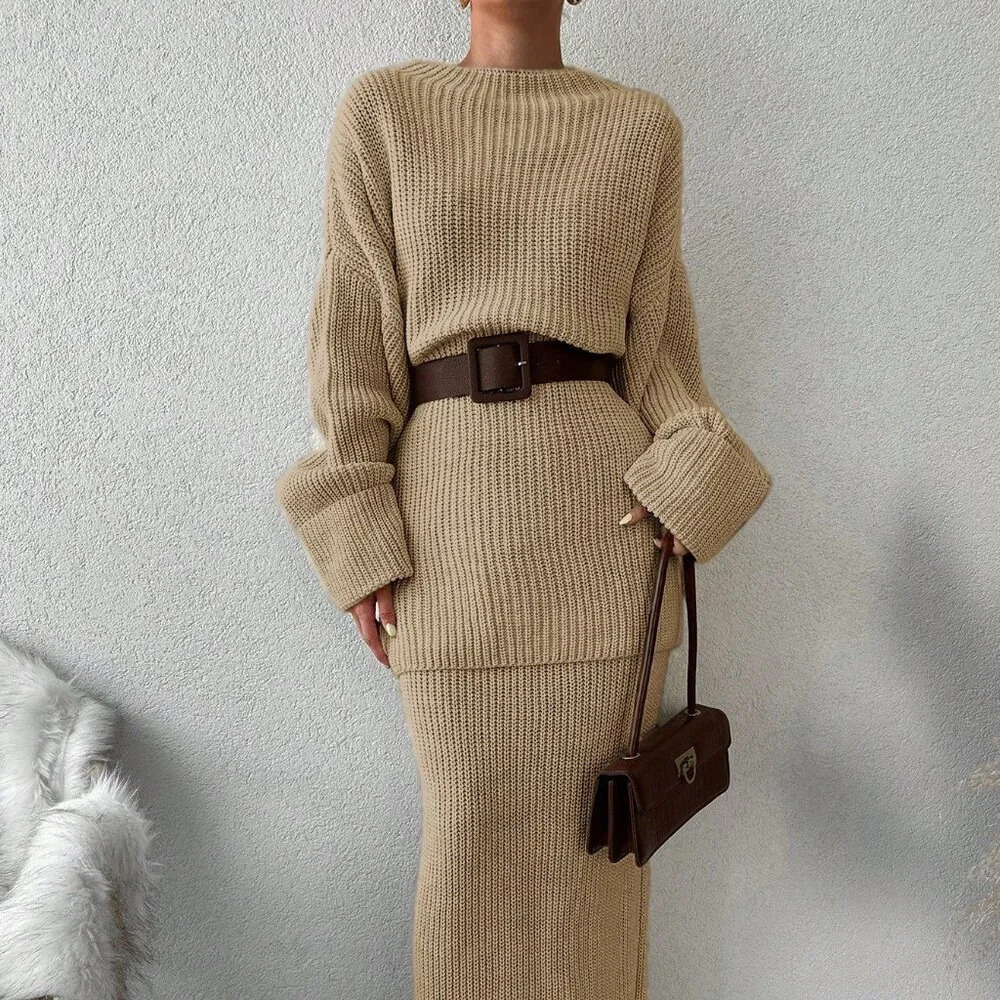 Camel Casual Women's Long Sweater Top And Mini Skirt Set